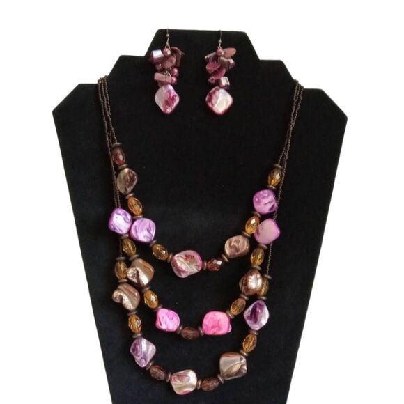 Pink & Brown Colorful Beaded Triple Strand Statement Necklace & Dangle Earrings - Picture 1 of 11